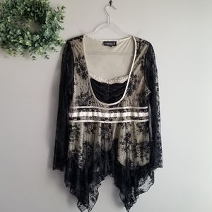 PYRAMID COLLECTION Black Nude Lace Top Ruffles 1XL